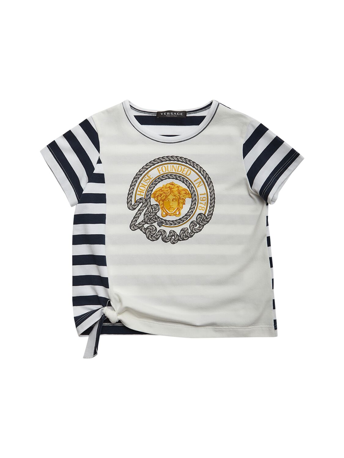 Versace Kids' T-shirt Aus Baumwolljersey Mit Marinedruck In White,blue,gold
