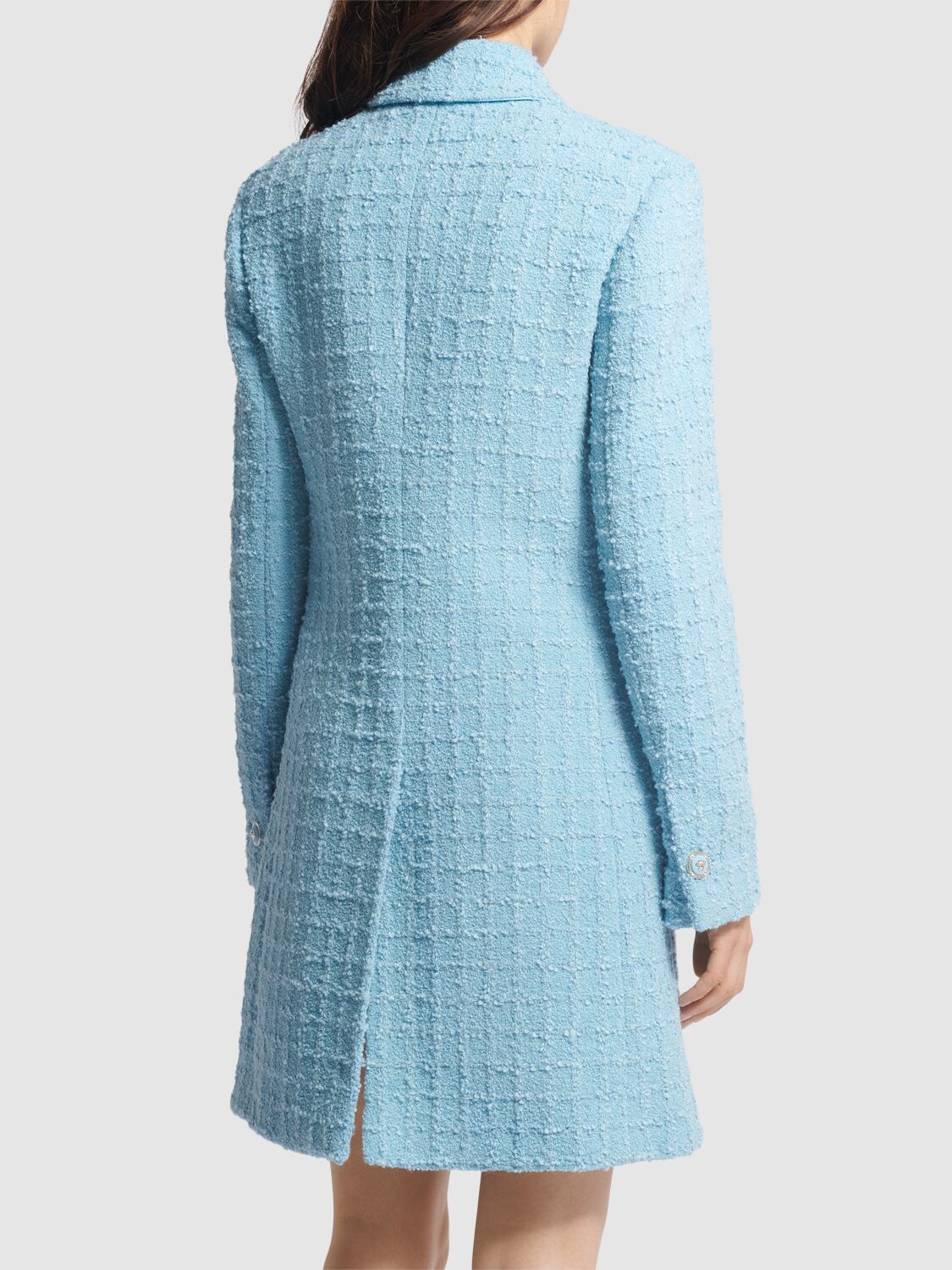 Shop Versace Double Breast Tweed Coat In Light Blue