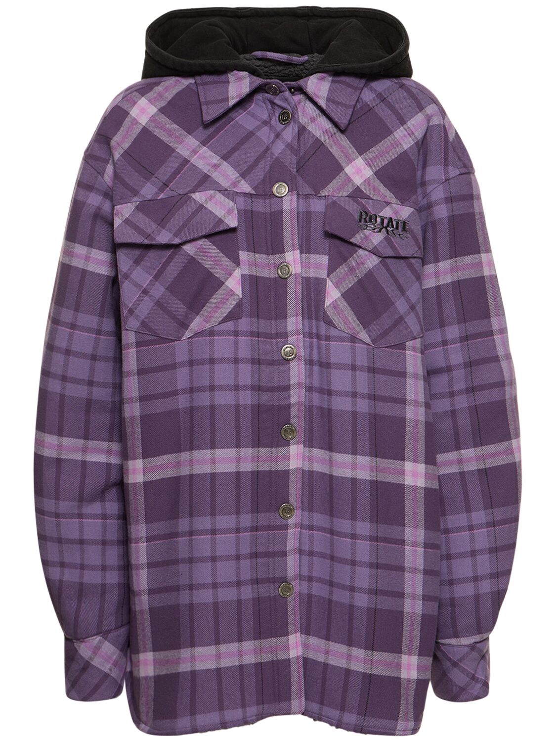 Rotate Birger Christensen Jissa Oversize Flannel Shirt W/hood In Purple,multi
