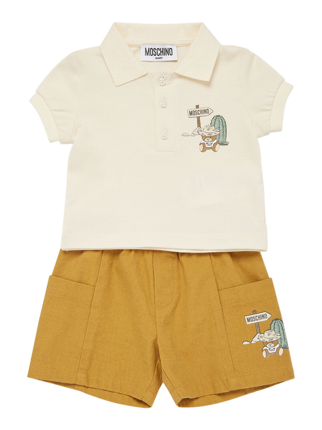 Moschino Kids' Cotton Piquet Polo & Canvas Shorts In Beige