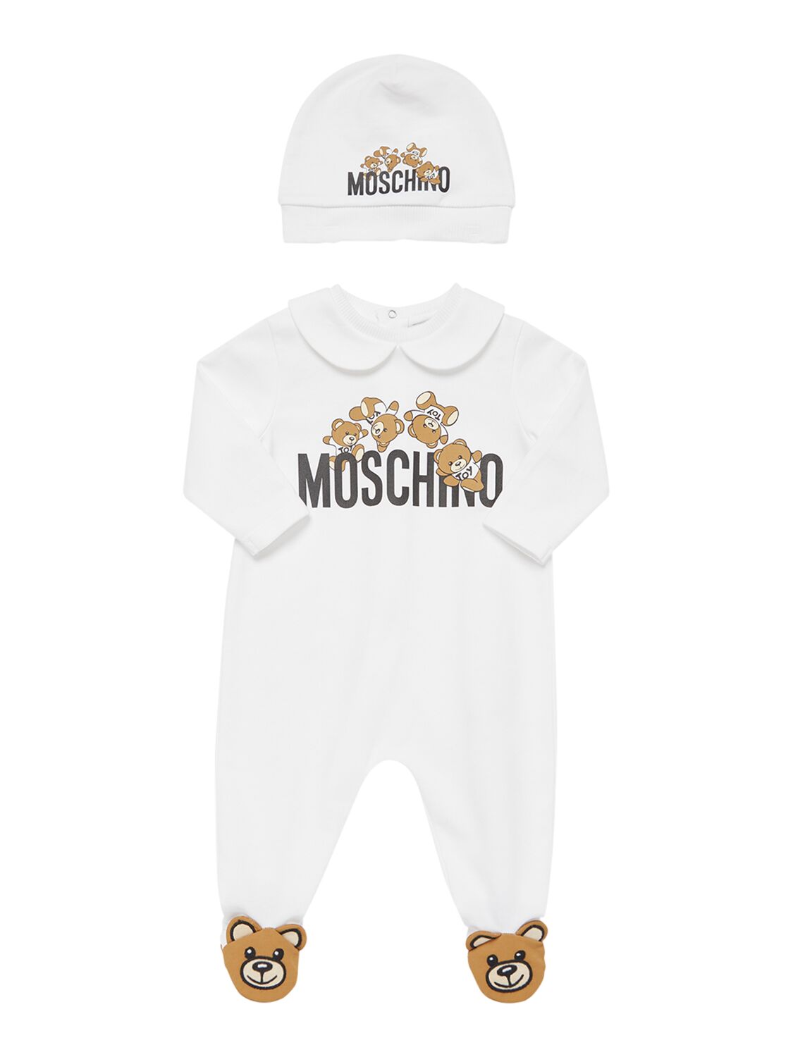 Moschino Babies' 棉质平纹针织连体衣&帽子 In White