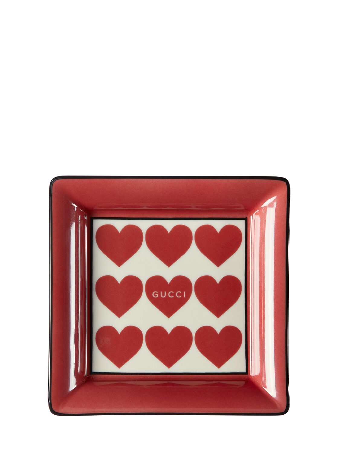 Gucci Hearts Square Porcelain Ashtray In Red,ivory
