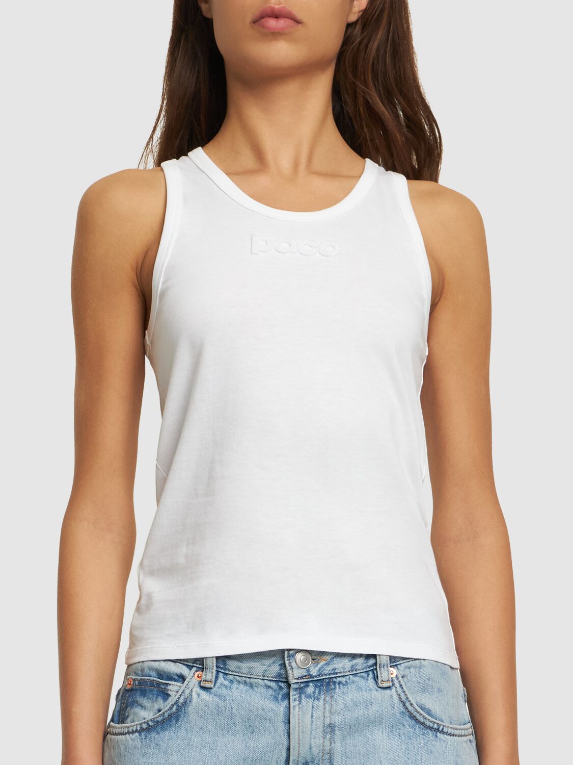 Shop Rabanne Logo Jersey Sleeveless Top In White