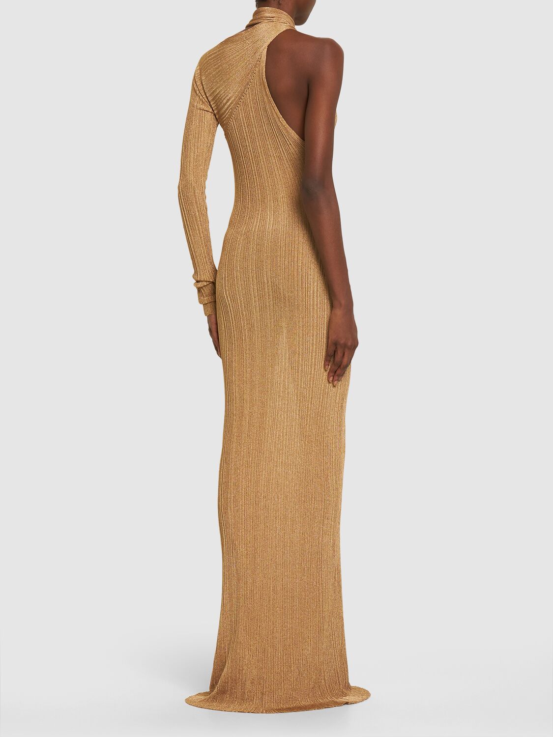 Shop Rabanne Pleated Lurex One Sleeve Dress W/ Scarf In Gold