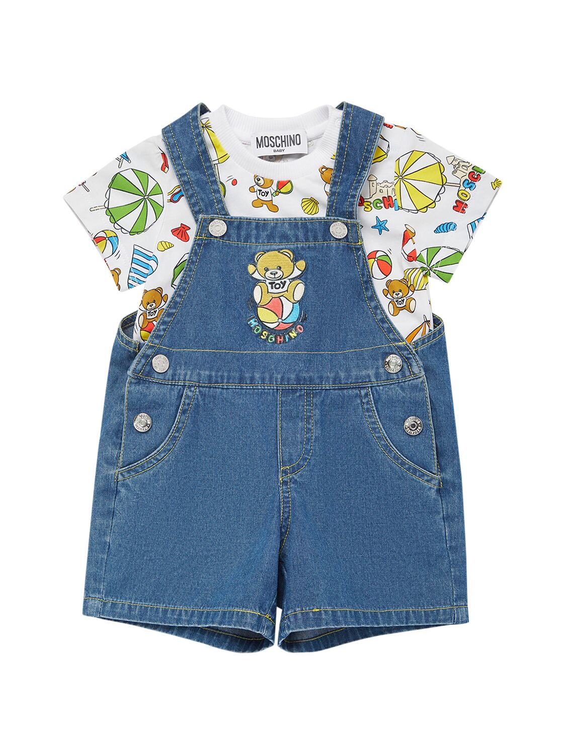 Moschino Kids' Cotton T-shirt & Chambray Jumpsuit In Blue,multi