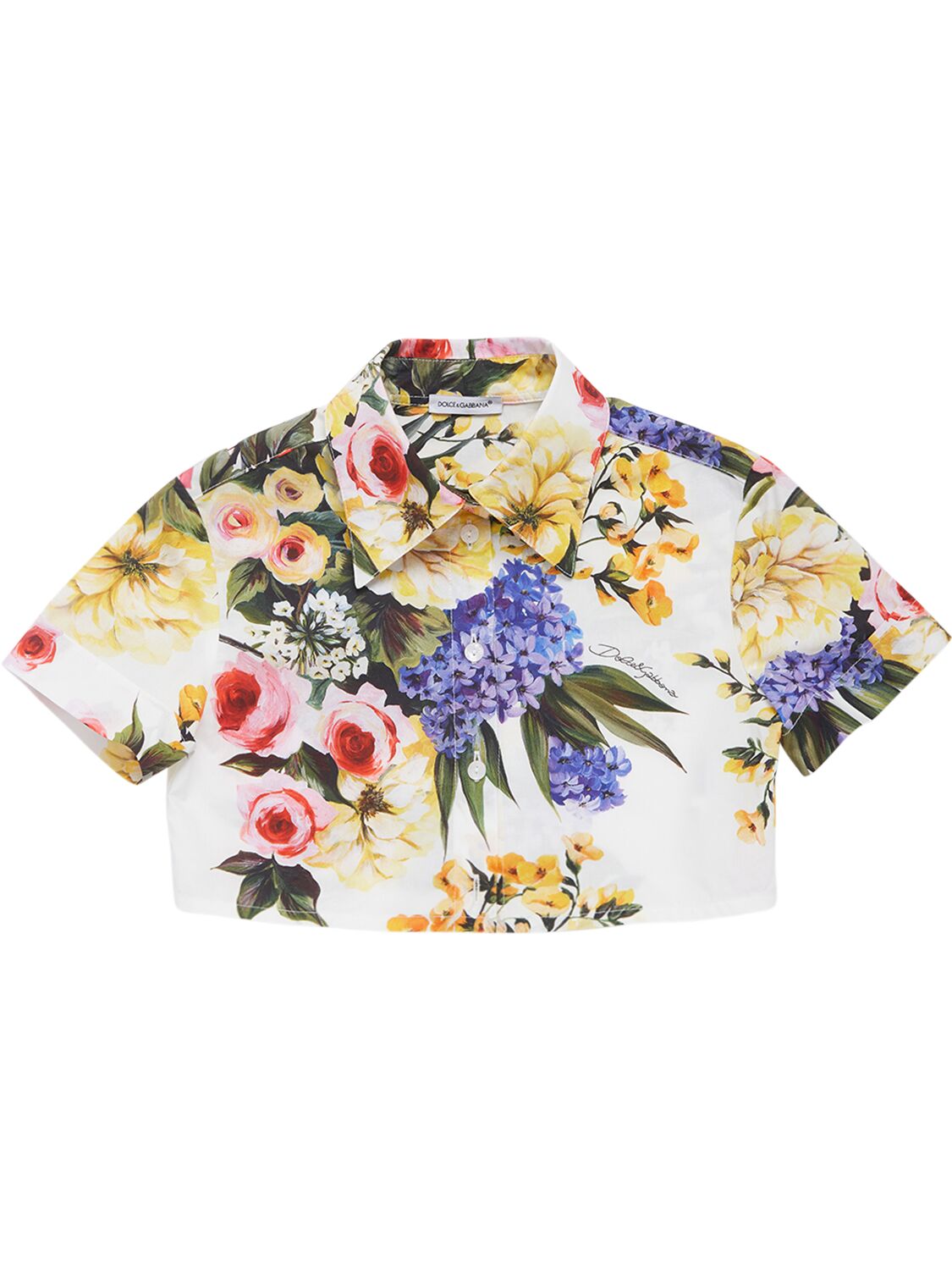 Image of Flower Printed Cotton Crop Shirt