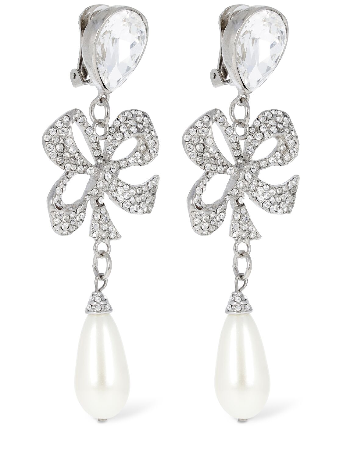 Shop Alessandra Rich Crystal Bow & Faux Pearl Earrings In Crystal,white