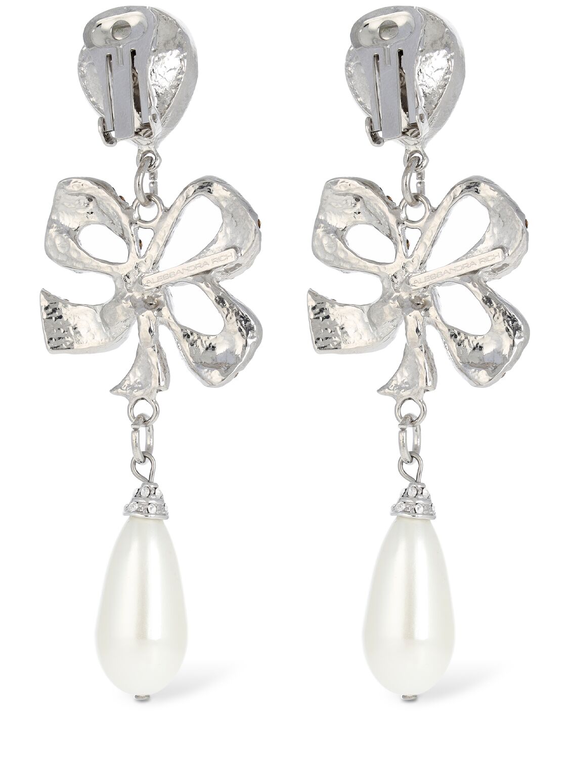 Shop Alessandra Rich Crystal Bow & Faux Pearl Earrings In Crystal,white