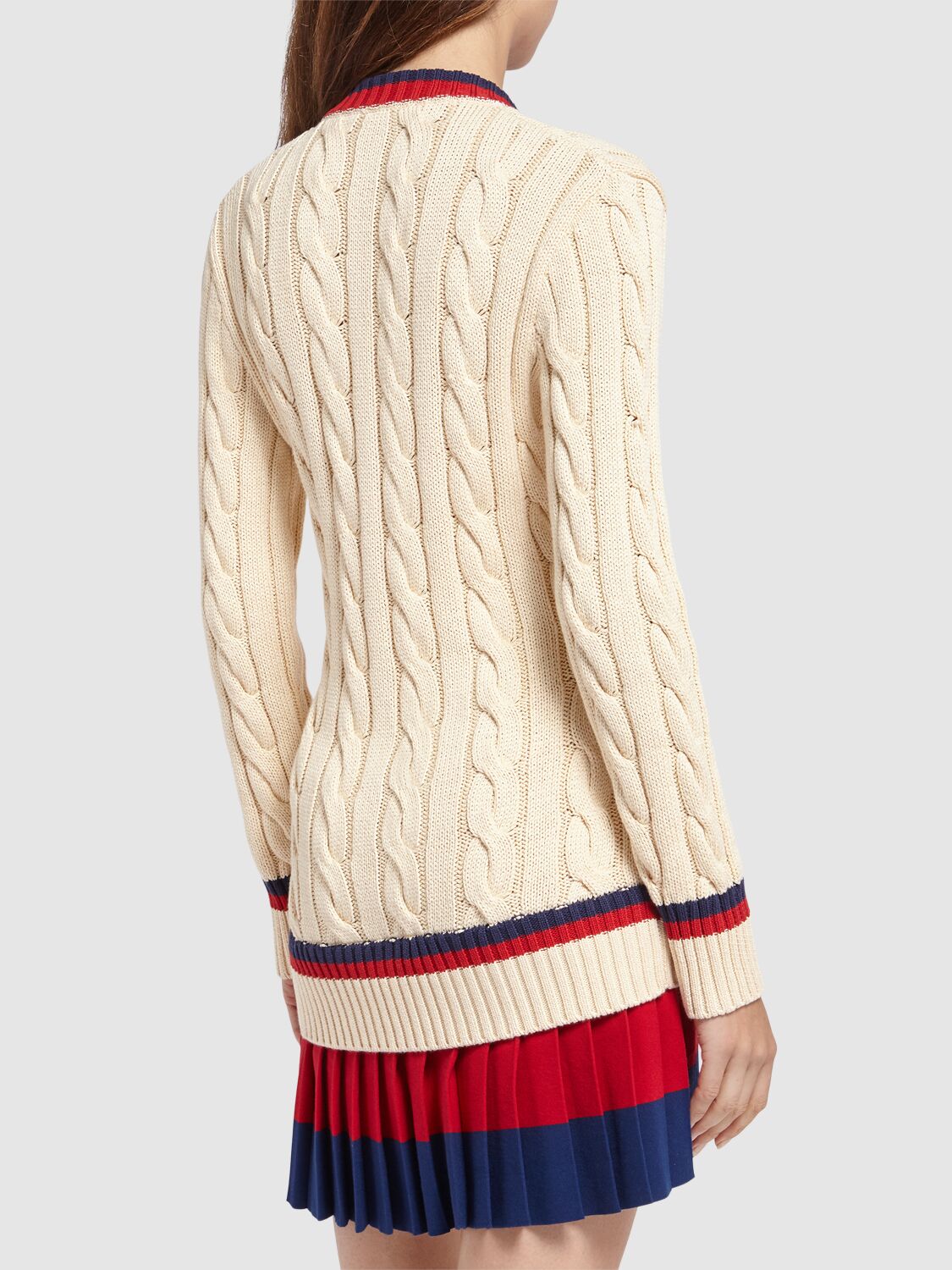 Shop Dsquared2 V Neck Cotton Cable Knit Mini Dress In Beige,red,blue