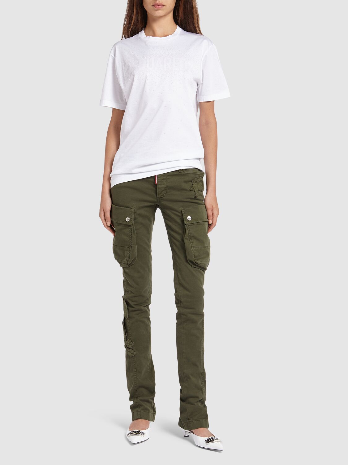 Shop Dsquared2 Embroidered Cotton Cargo Straight Pants In Military Green