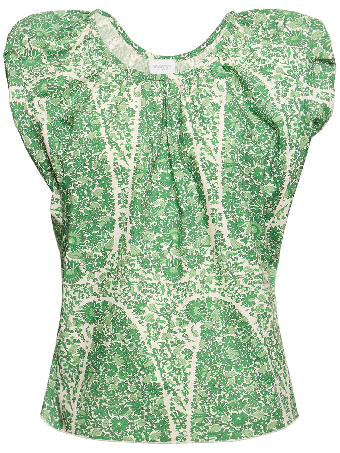 Giambattista Valli Printed Poplin Draped Short Sleeve Top In Weiss,grün