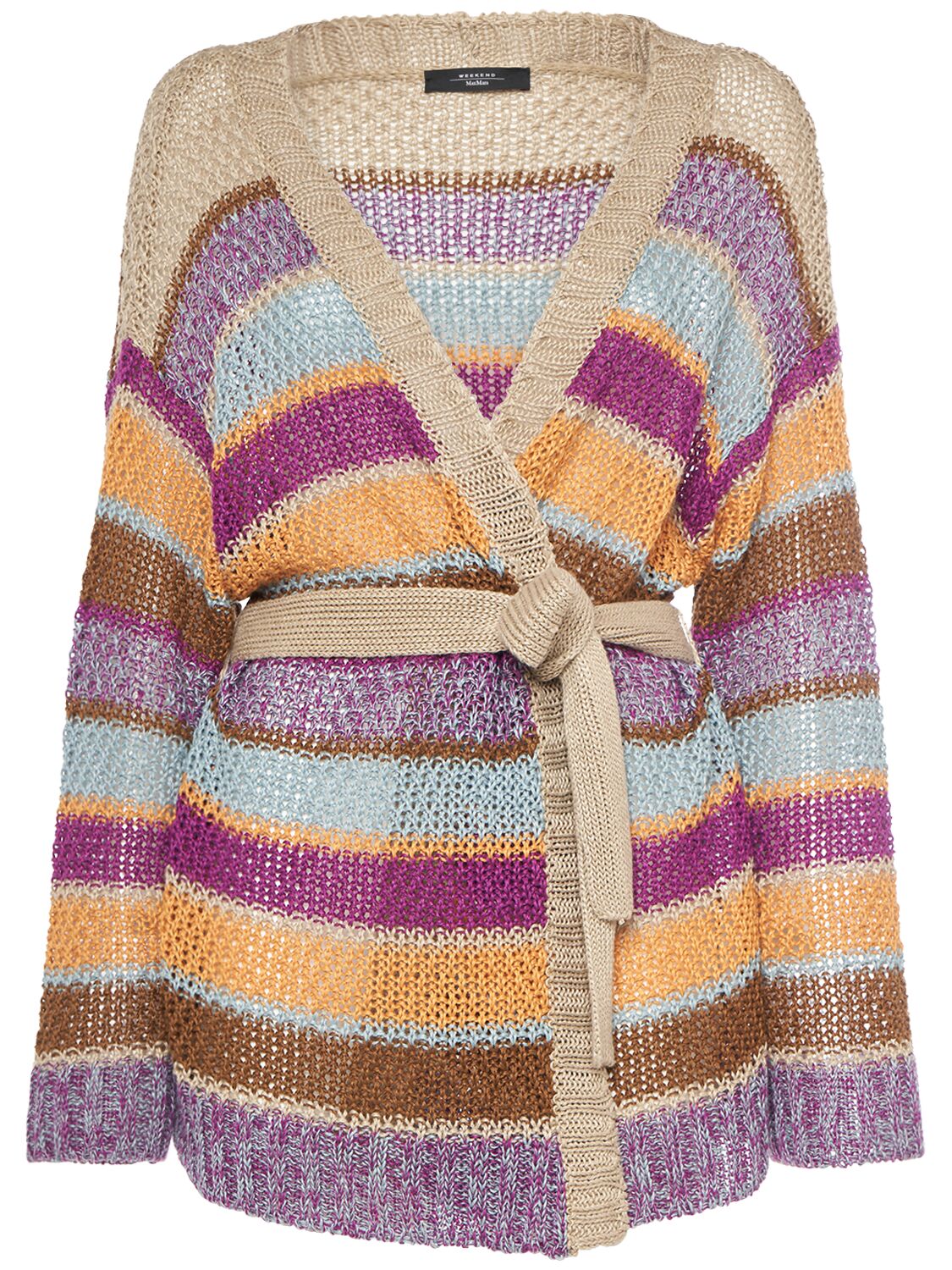 Kabala Belted Stripe Linen Knit Cardigan
