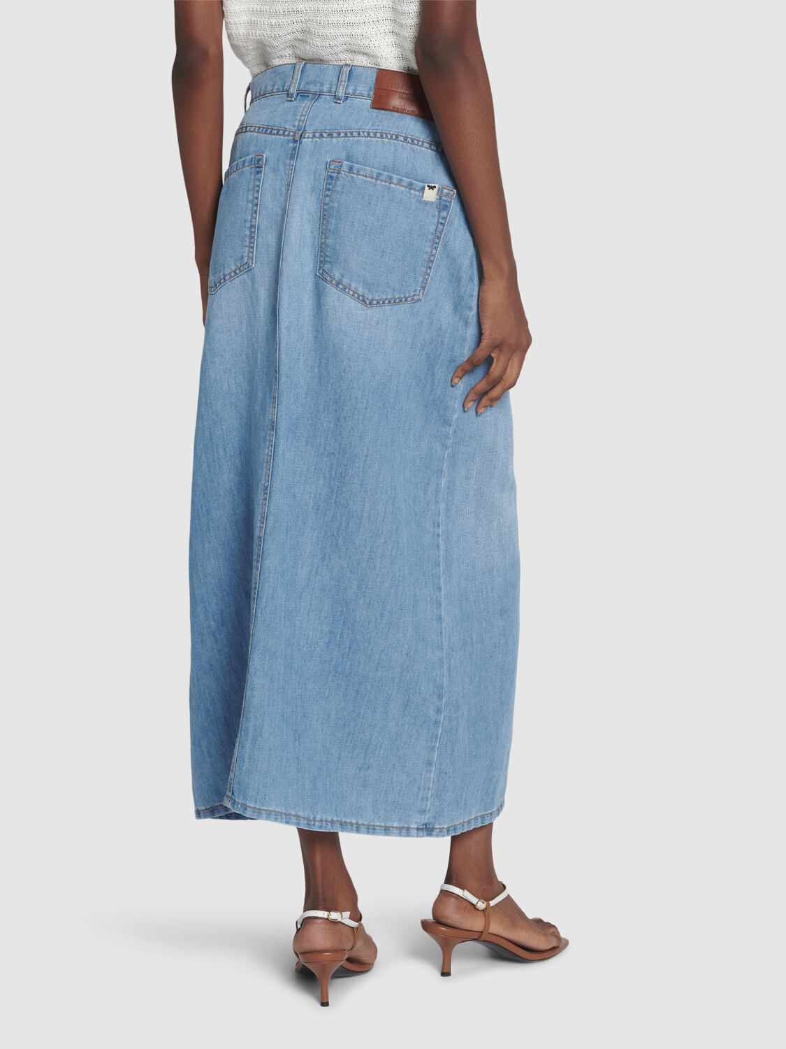 Shop Weekend Max Mara Gelada Denim Midi Skirt In 라이트 블루