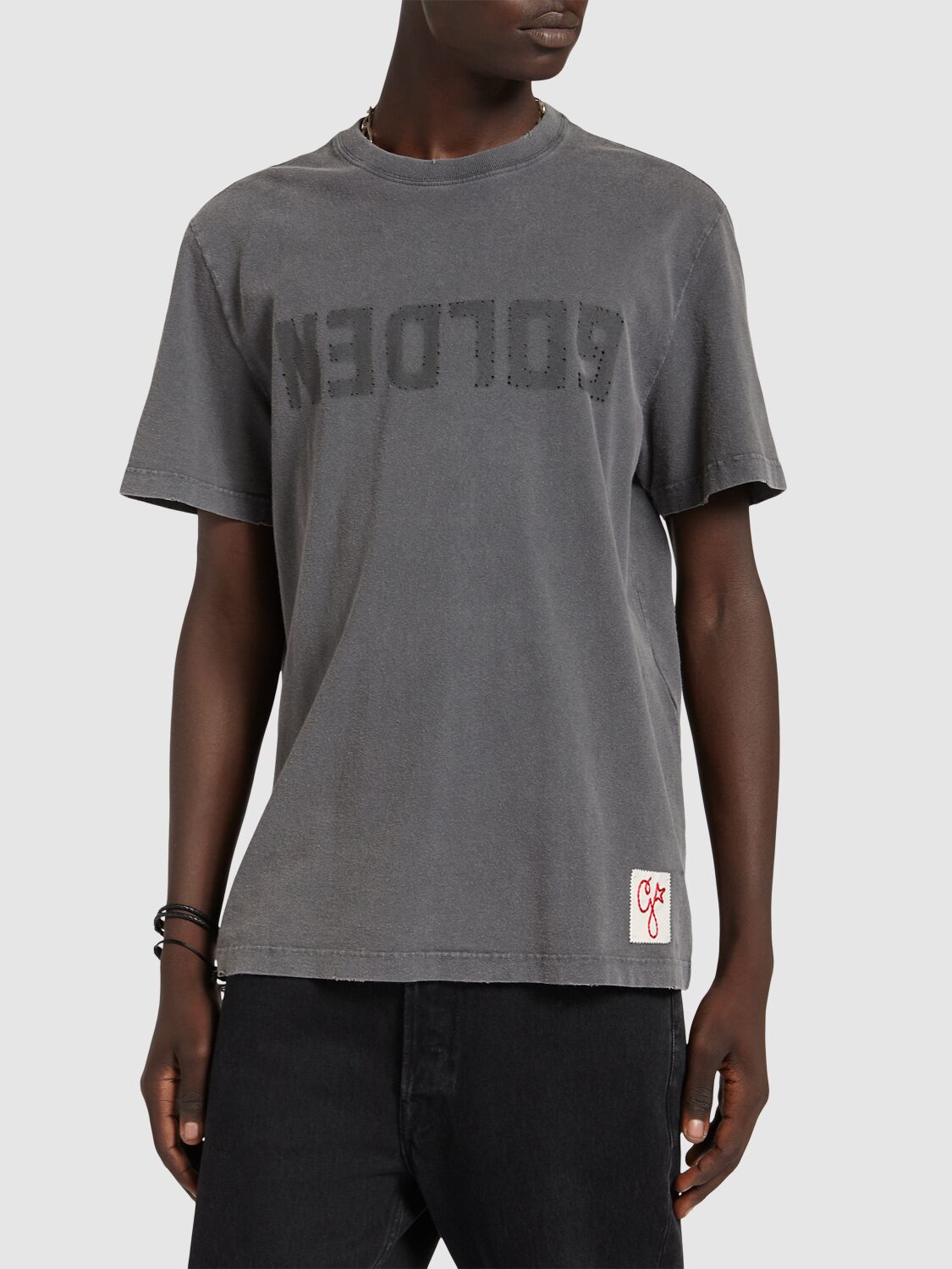 Shop Golden Goose Logo Distressed Cotton Jersey T-shirt In Anthracite