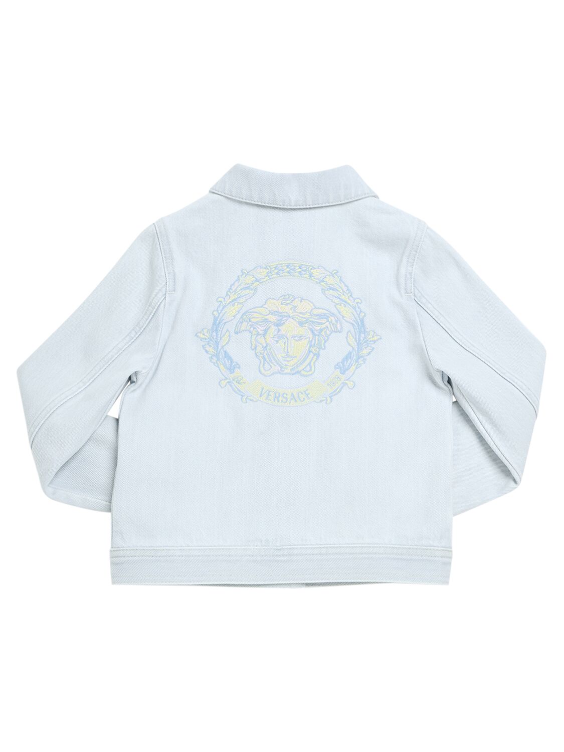 Shop Versace Embroidered Cotton Denim Jacket In Light Blue