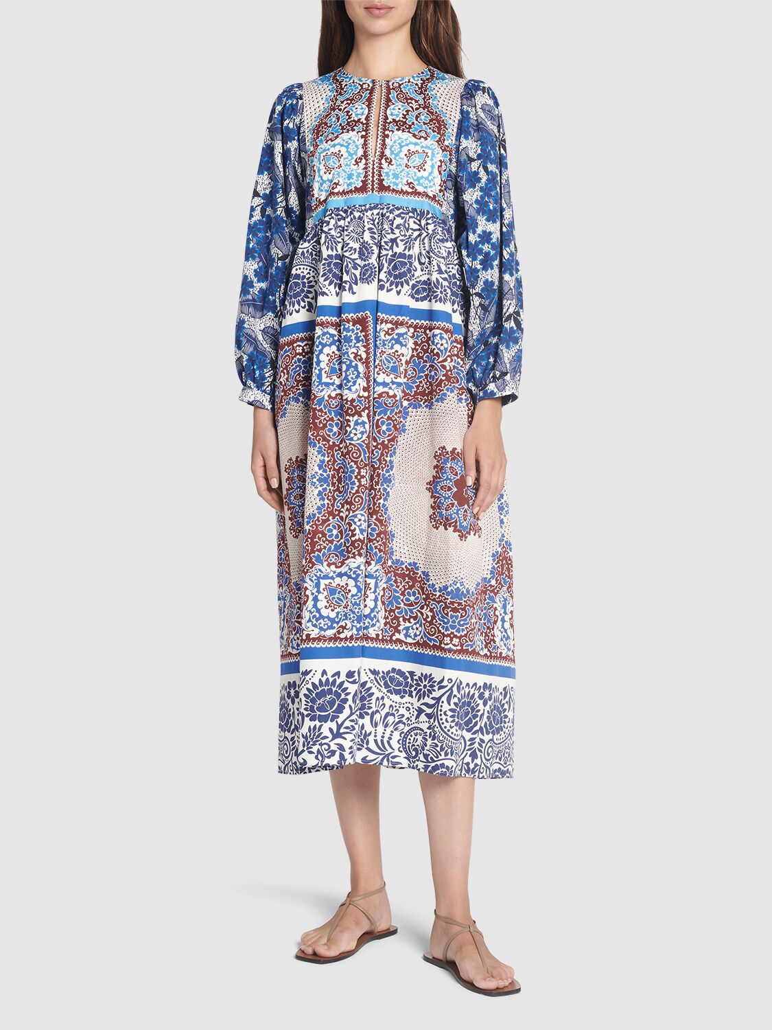 Shop Weekend Max Mara Ghiotto Printed Cotton Poplin Midi Dress In 블루,멀티