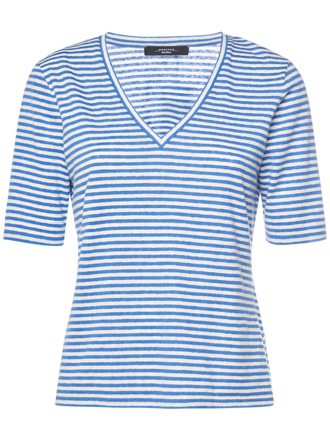 Weekend Max Mara Brunate Linen Jersey V Neck T-shirt In 화이트,블루
