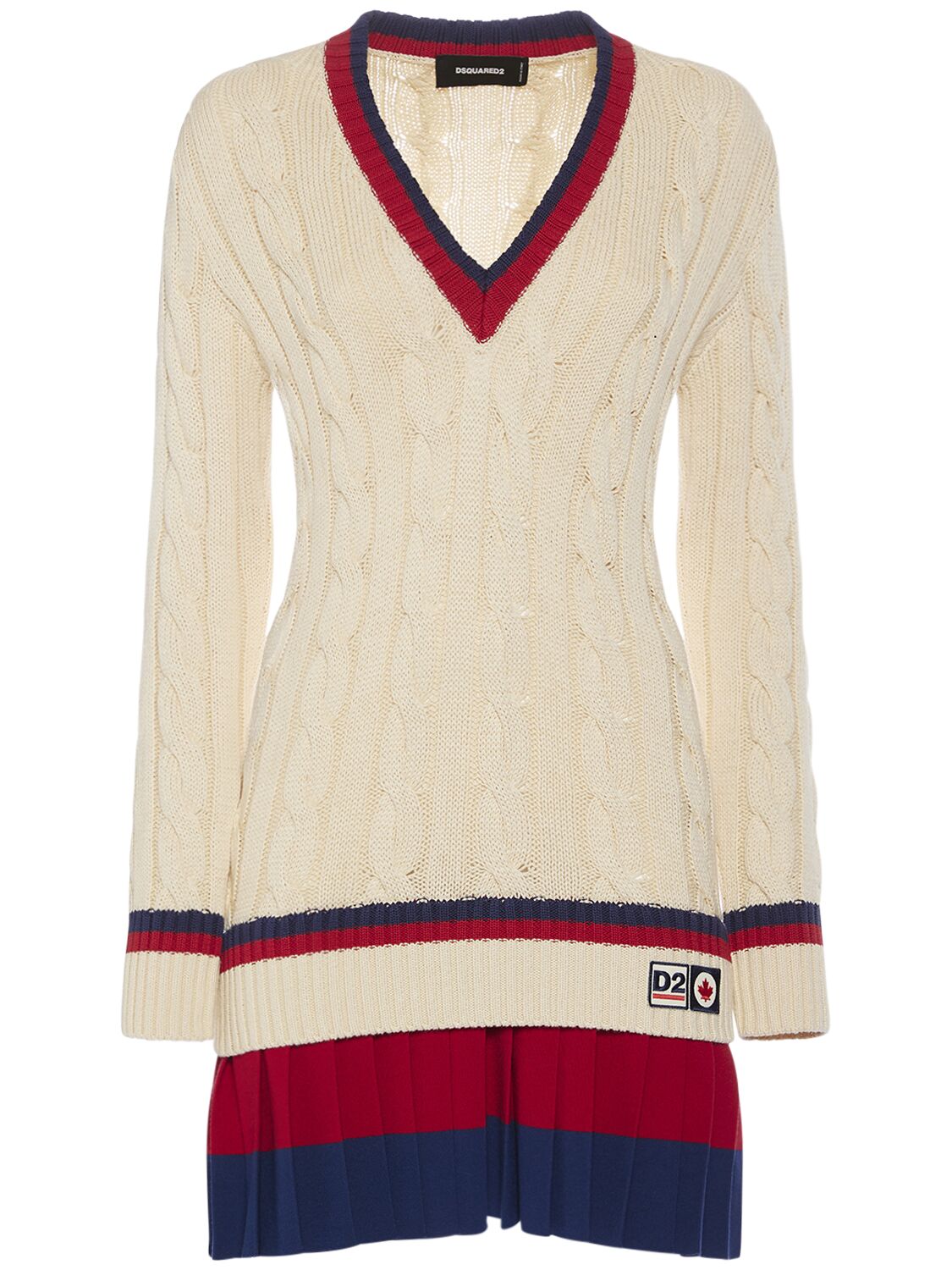 Dsquared2 V Neck Cotton Cable Knit Mini Dress In Beige,red,blue