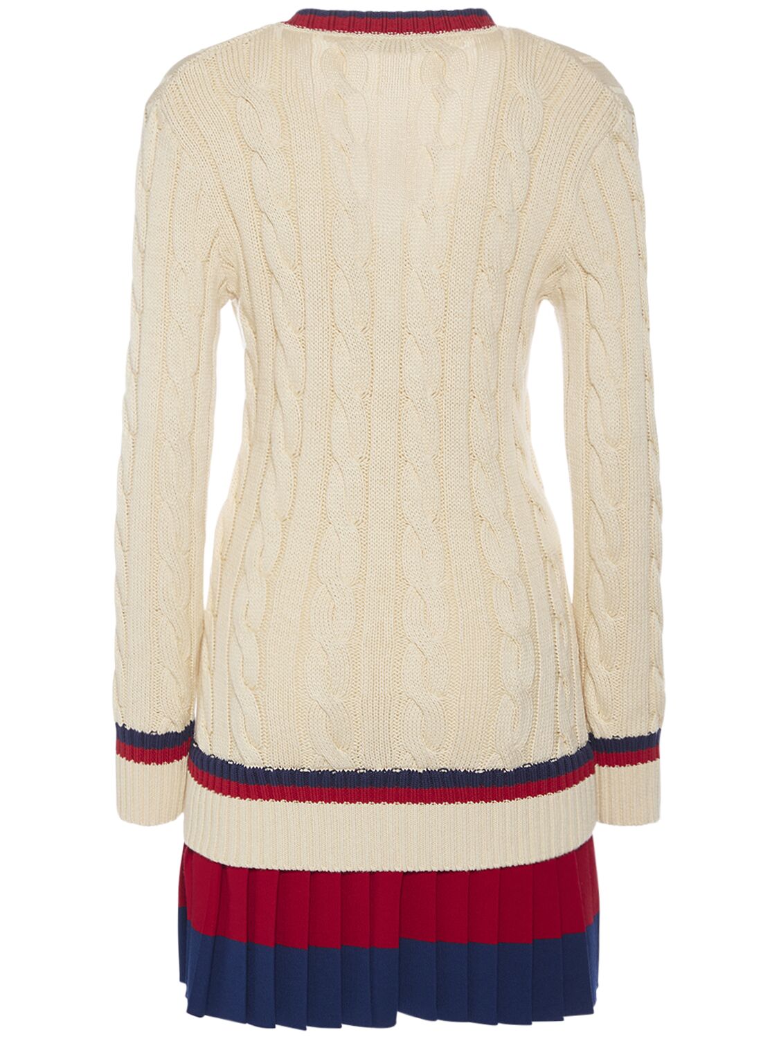 Shop Dsquared2 V Neck Cotton Cable Knit Mini Dress In Beige,red,blue