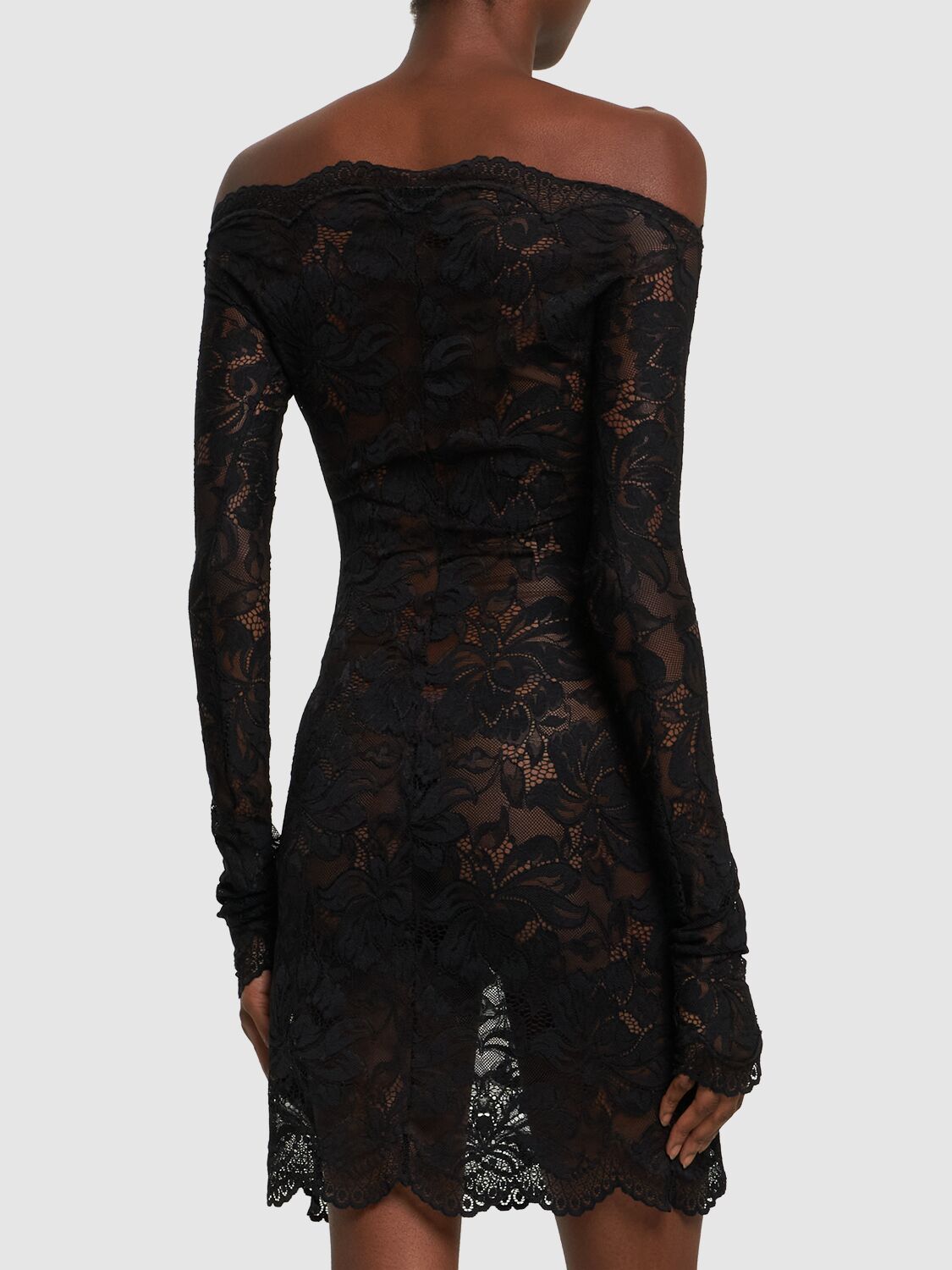 Shop Rabanne Off-the-shoulder Lace L/s Mini Dress In Black