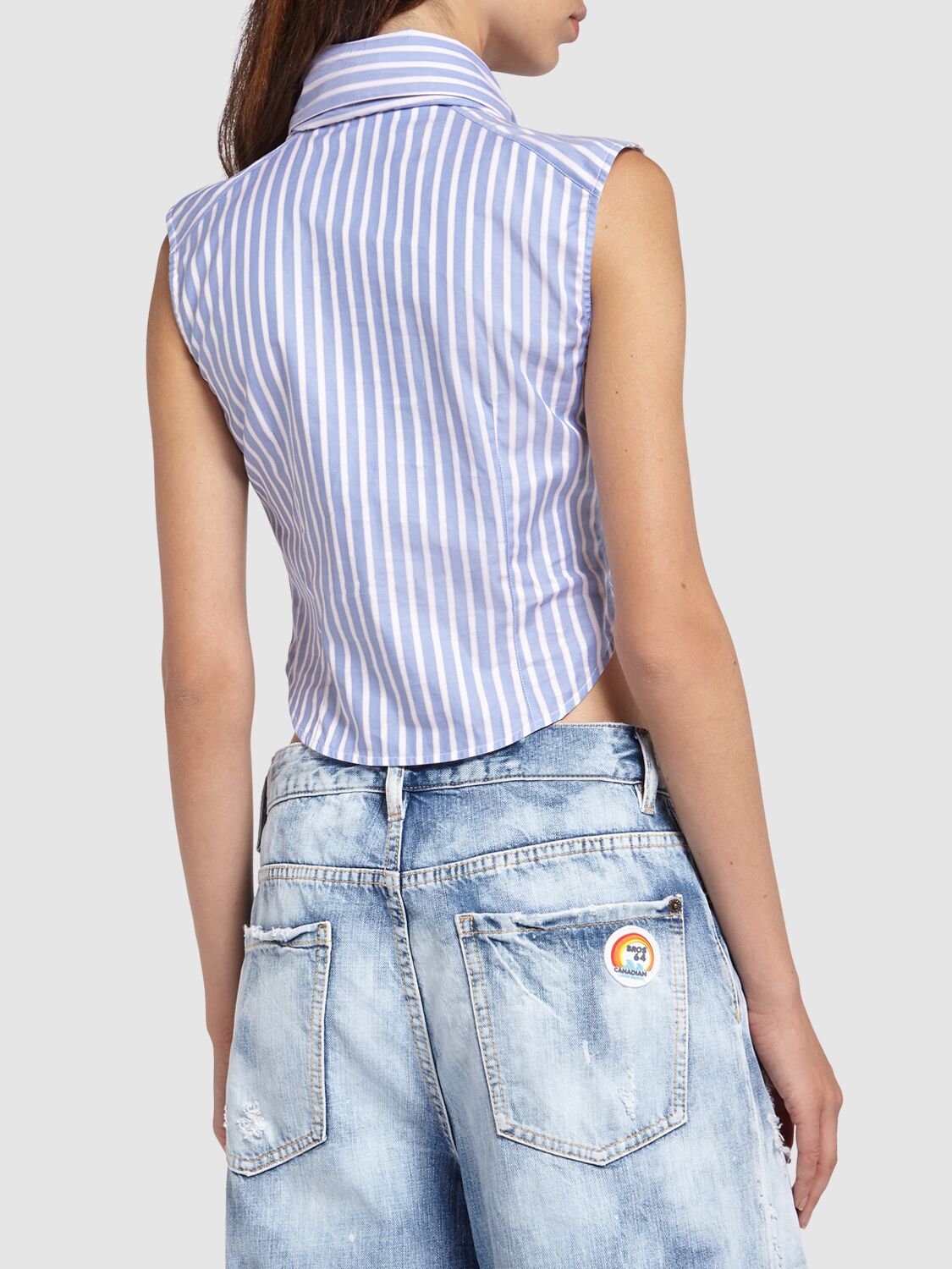 Shop Dsquared2 Striped Cotton Sleeveless Knotted Shirt In White,blue