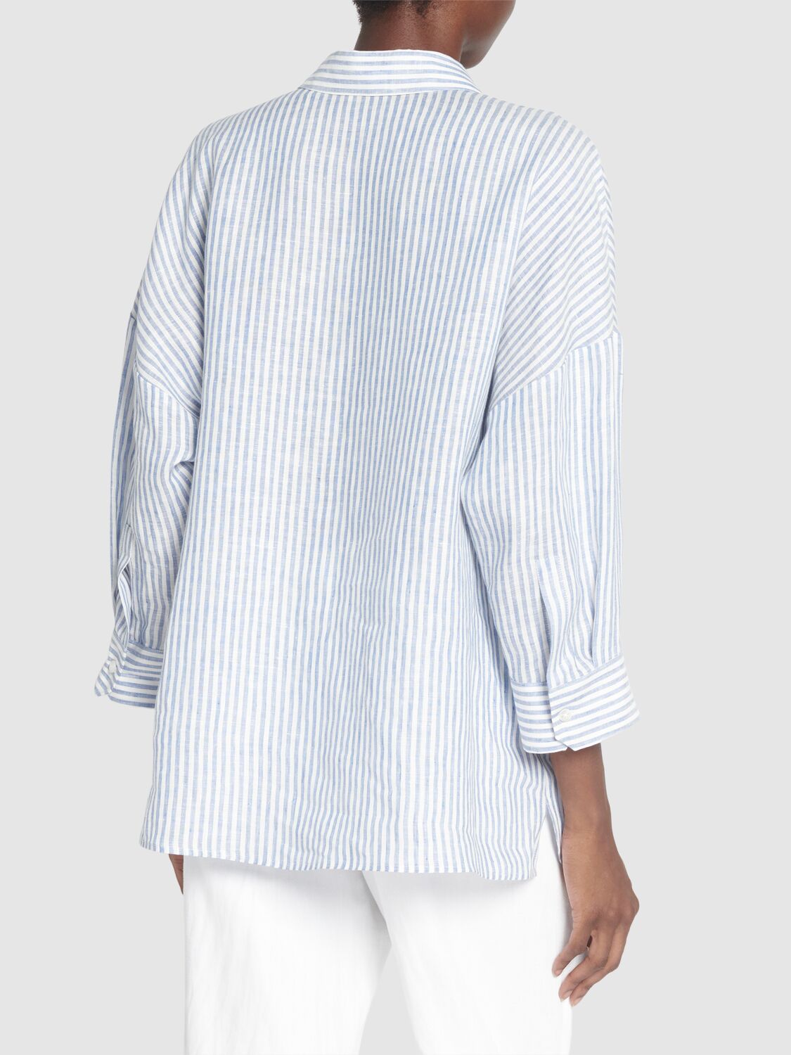 Shop Weekend Max Mara Arduino Striped Linen 3/4 Sleeve Shirt In White,blue