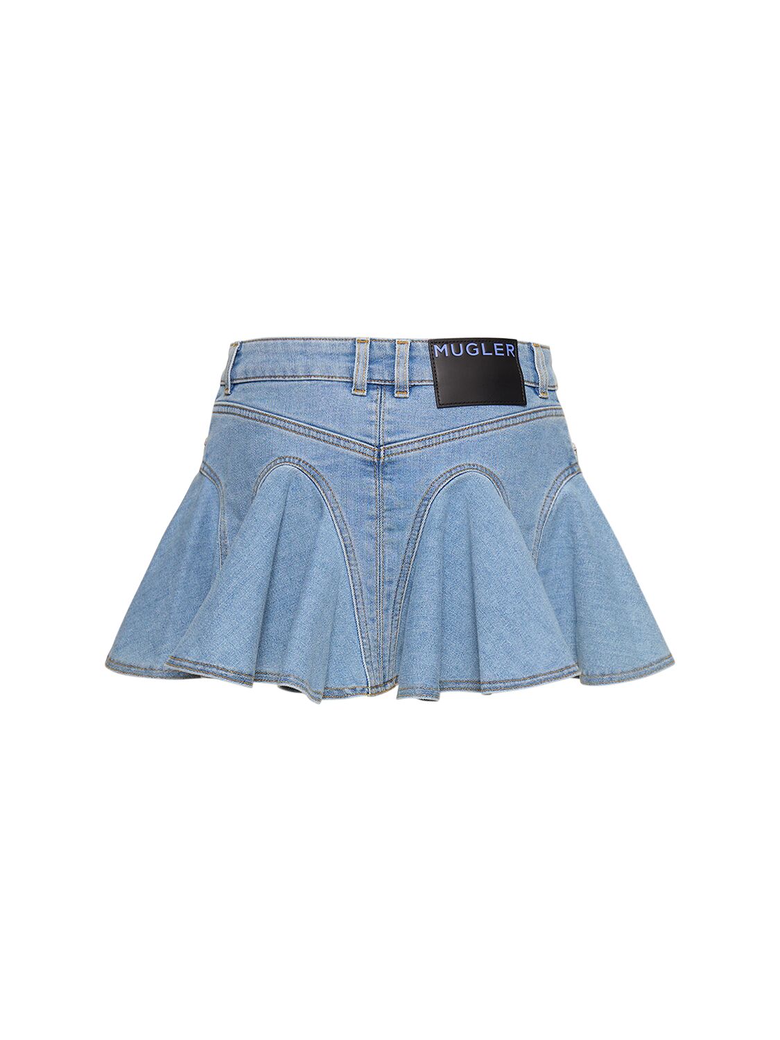Shop Mugler Ruffled Cotton Denim Mini Skirt In Blue