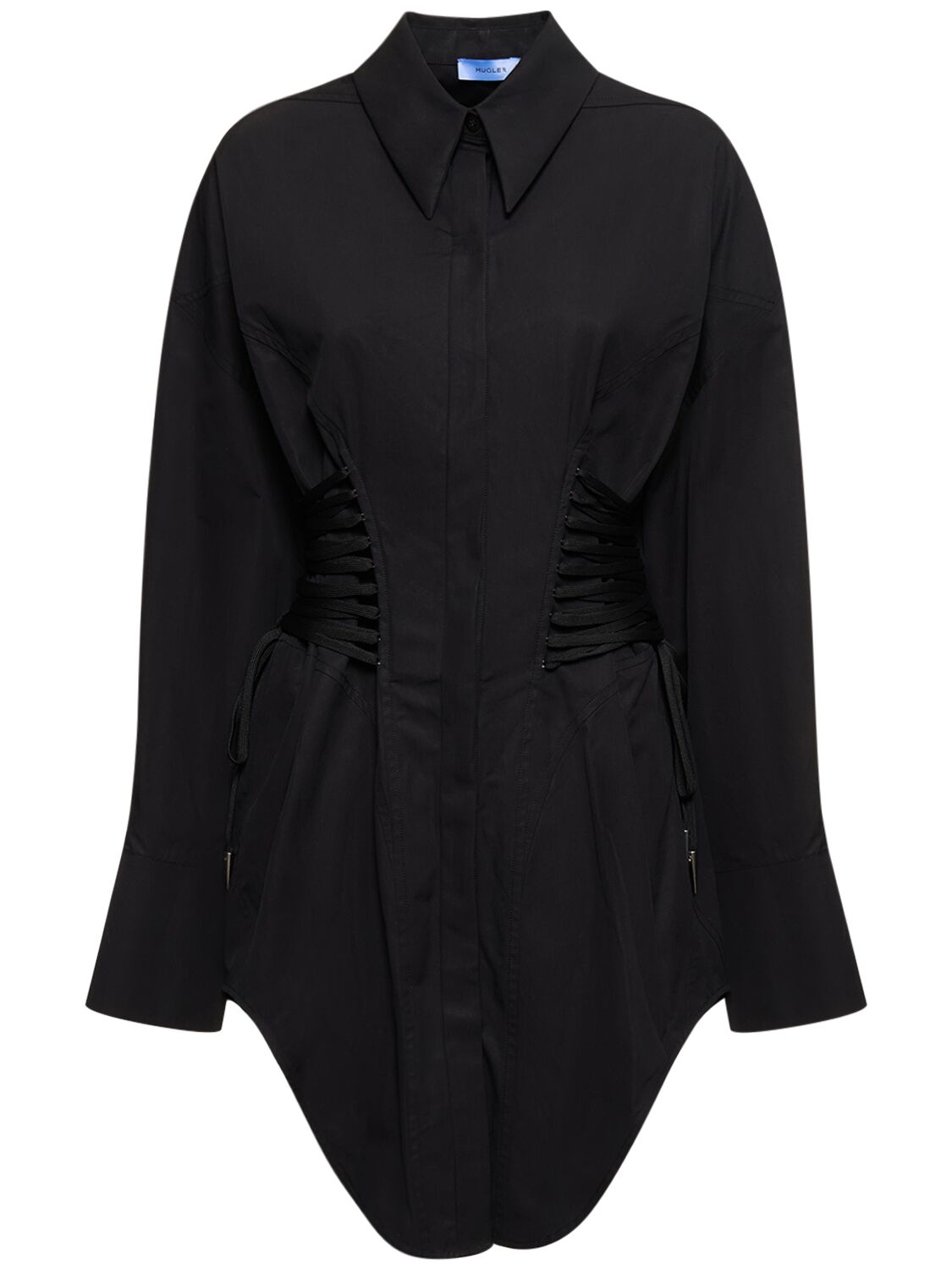 Shop Mugler Cotton Poplin Mini Shirt Dress In Black