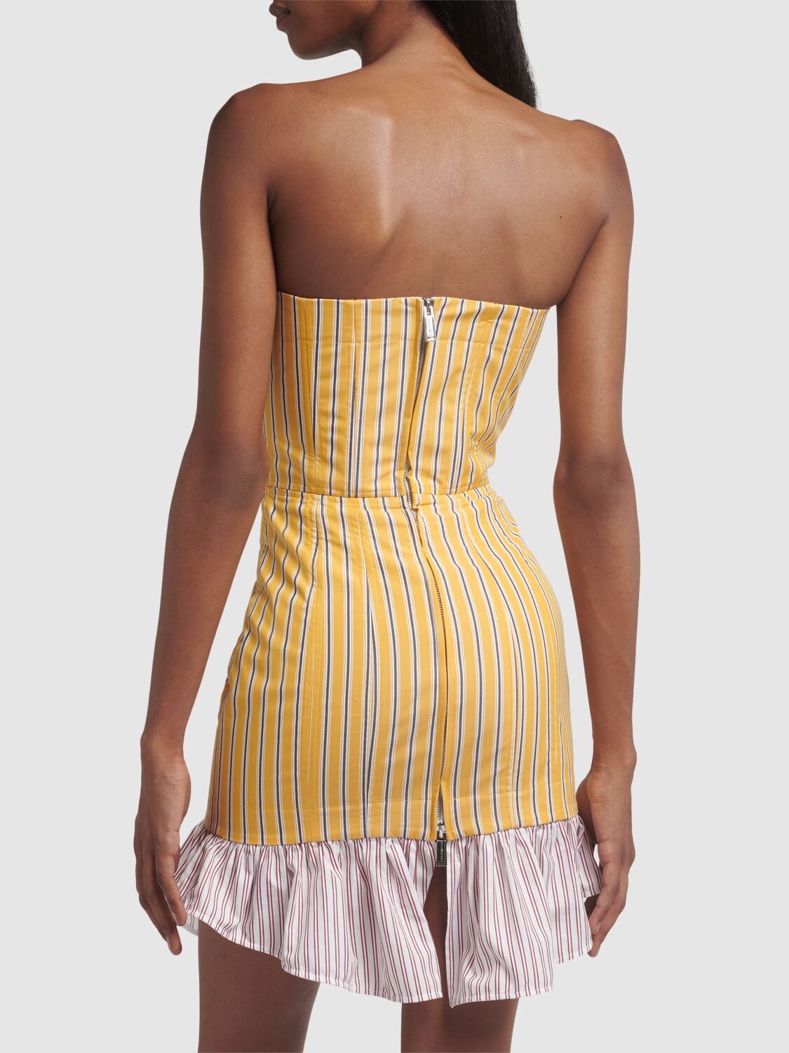 Shop Dsquared2 Striped Cotton Strapless Mini Dress In Yellow,multi