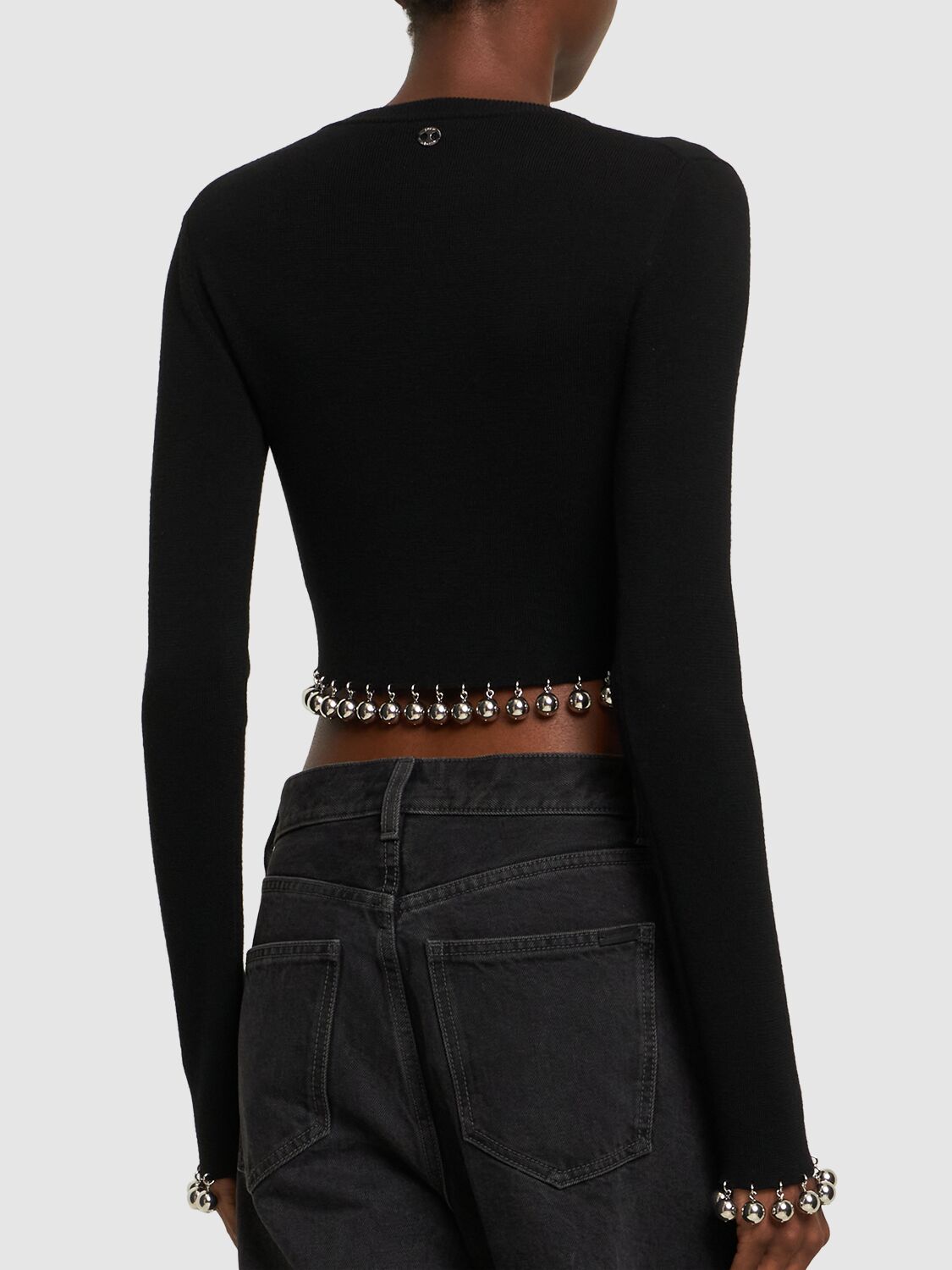 Shop Rabanne Embellished Wool L/s Crop Sweater In Black