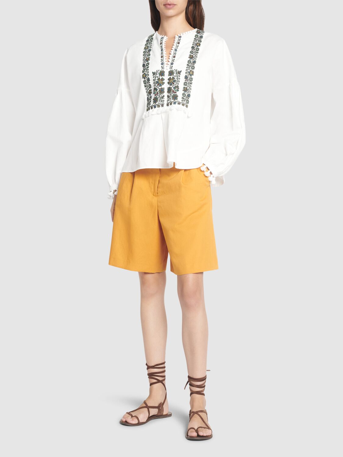 Shop Weekend Max Mara Ecuba Cotton & Linen Canvas Shorts In 오렌지