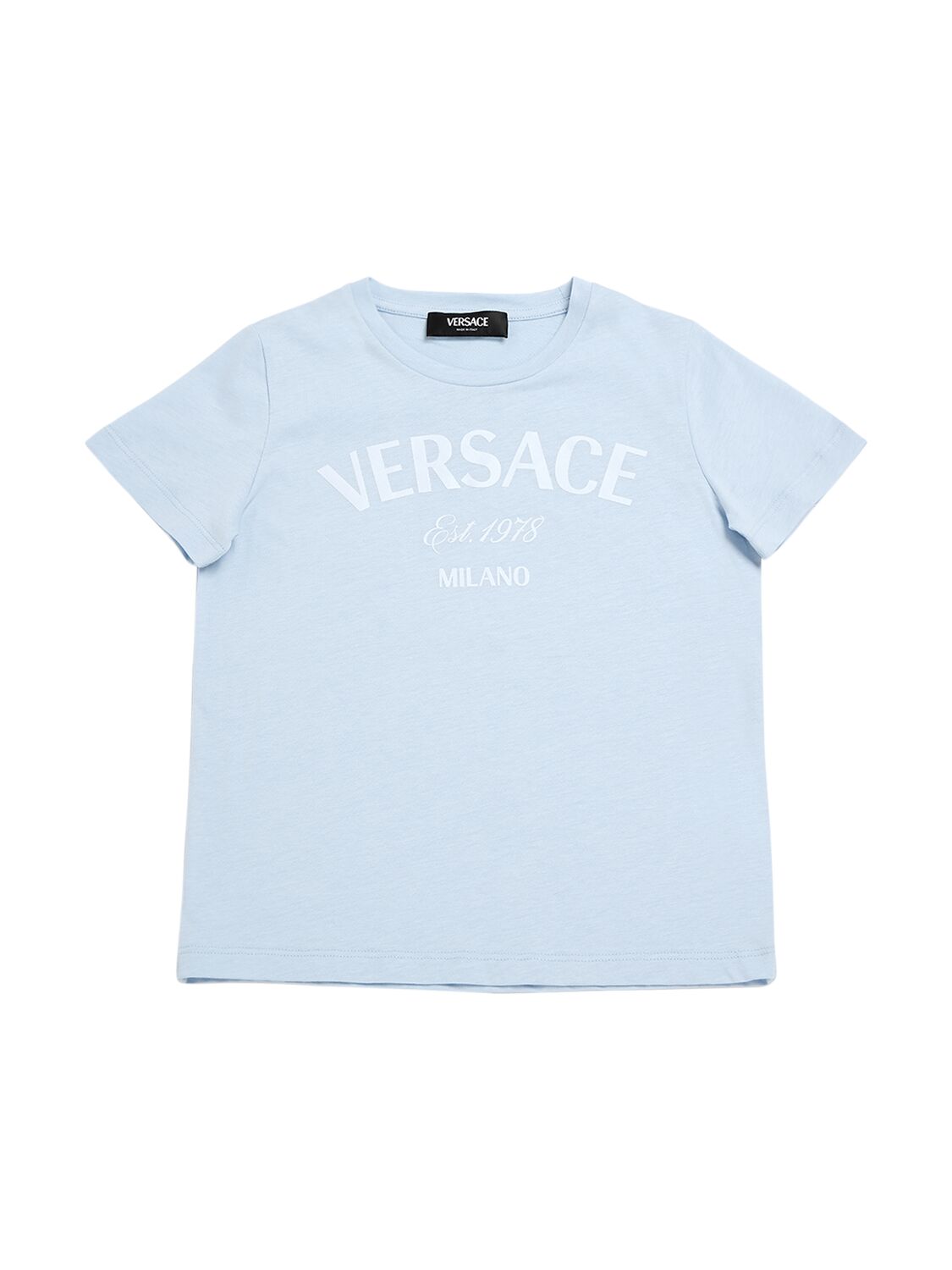 Versace Kids' Printed Cotton Jersey T-shirt In Light Blue