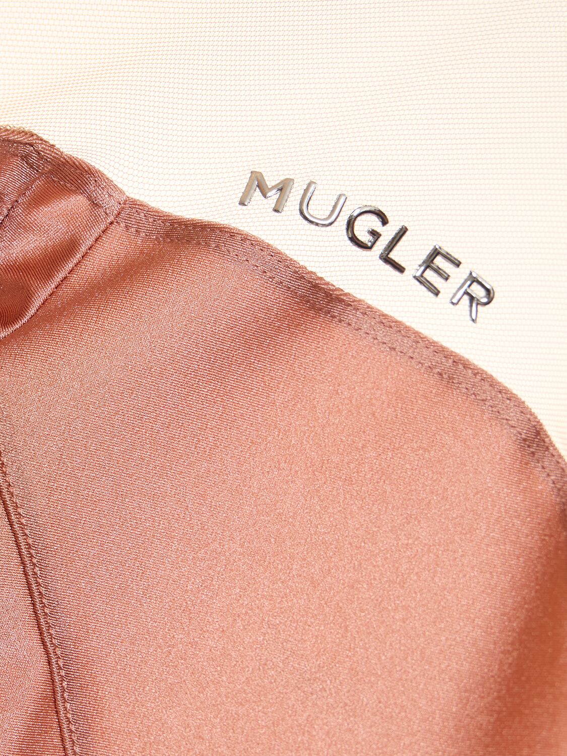 Shop Mugler Shiny Lycra Cutout Turtleneck Bodysuit In Pink,nude 01