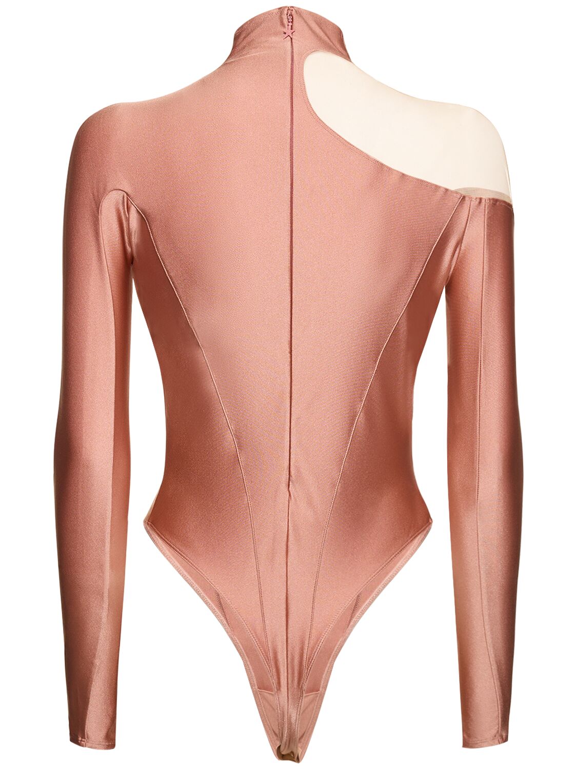 Shop Mugler Shiny Lycra Cutout Turtleneck Bodysuit In Pink,nude 01