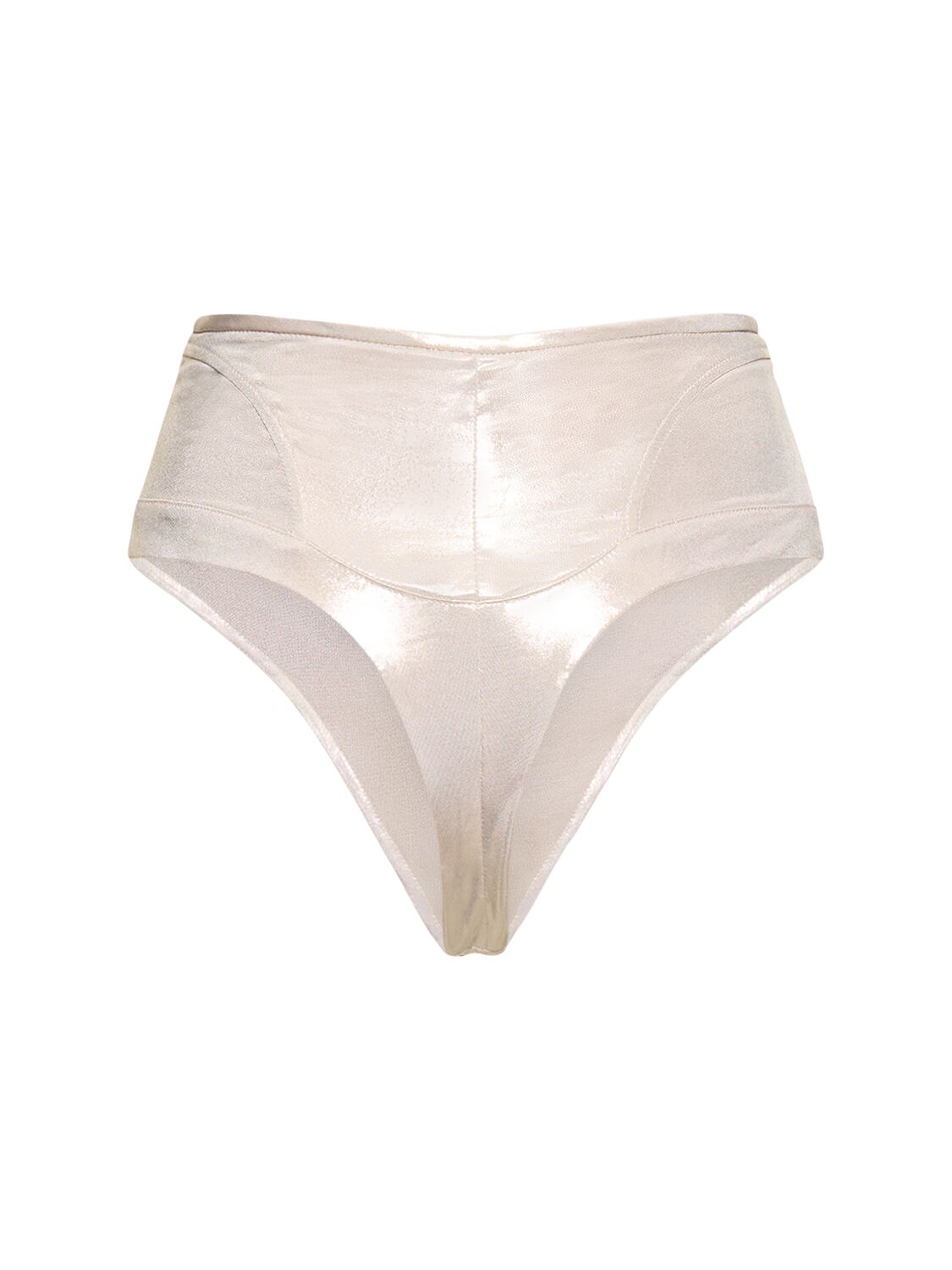 Shop Mugler Lamé Jersey High Rise Bikini Bottoms In Light Beige