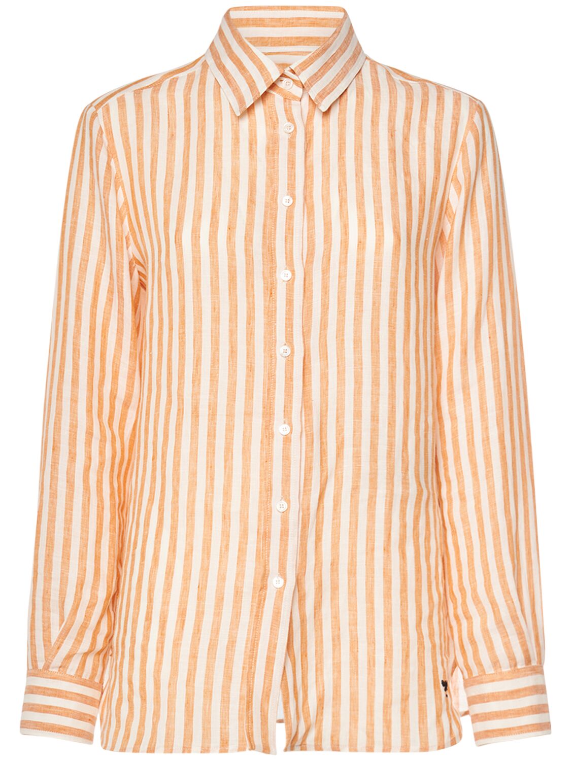 Weekend Max Mara Lari Striped Linen Canvas Shirt In White,orange