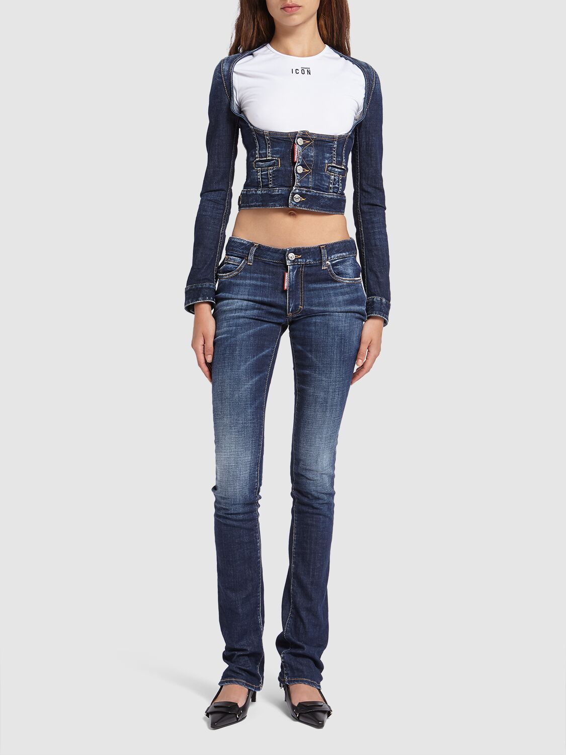 Shop Dsquared2 Denim Cropped Corset Jacket In Dark Blue