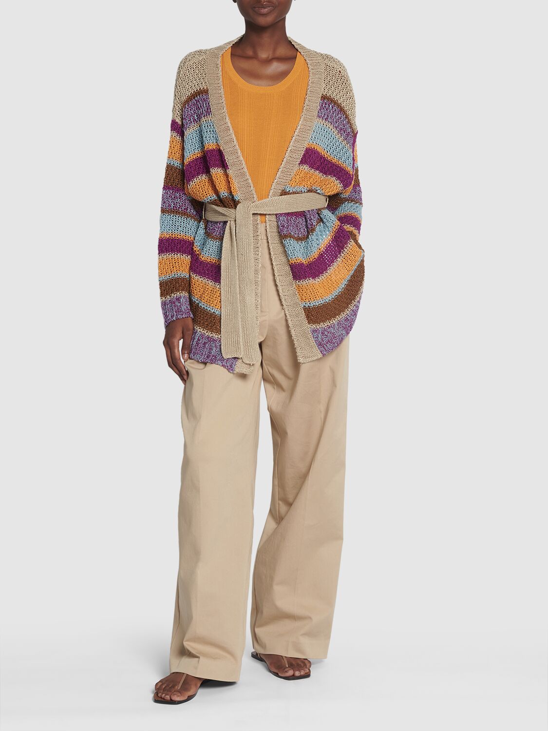 Shop Weekend Max Mara Kabala Belted Stripe Linen Knit Cardigan In Multicolor