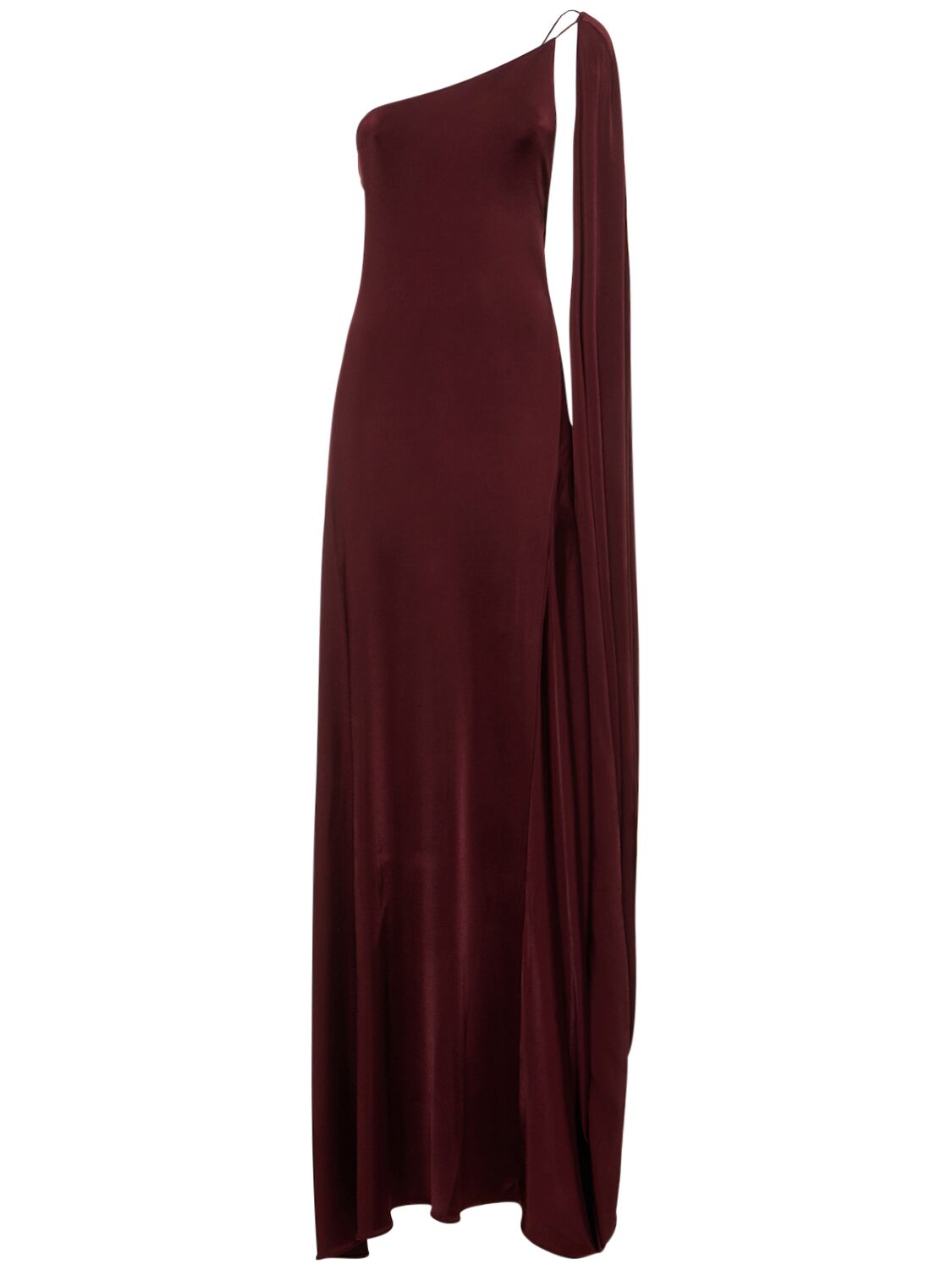 Shop Stella Mccartney Viscose Satin One Shoulder Cape Dress In Bordeaux