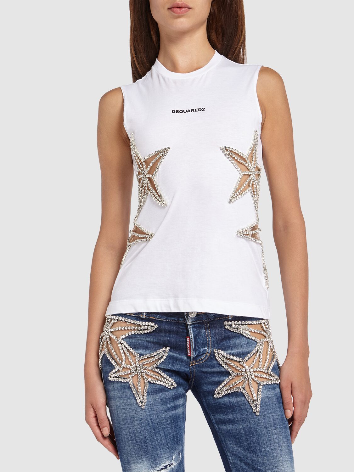 Shop Dsquared2 Embellished Stars Jersey Sleeveless Top In White