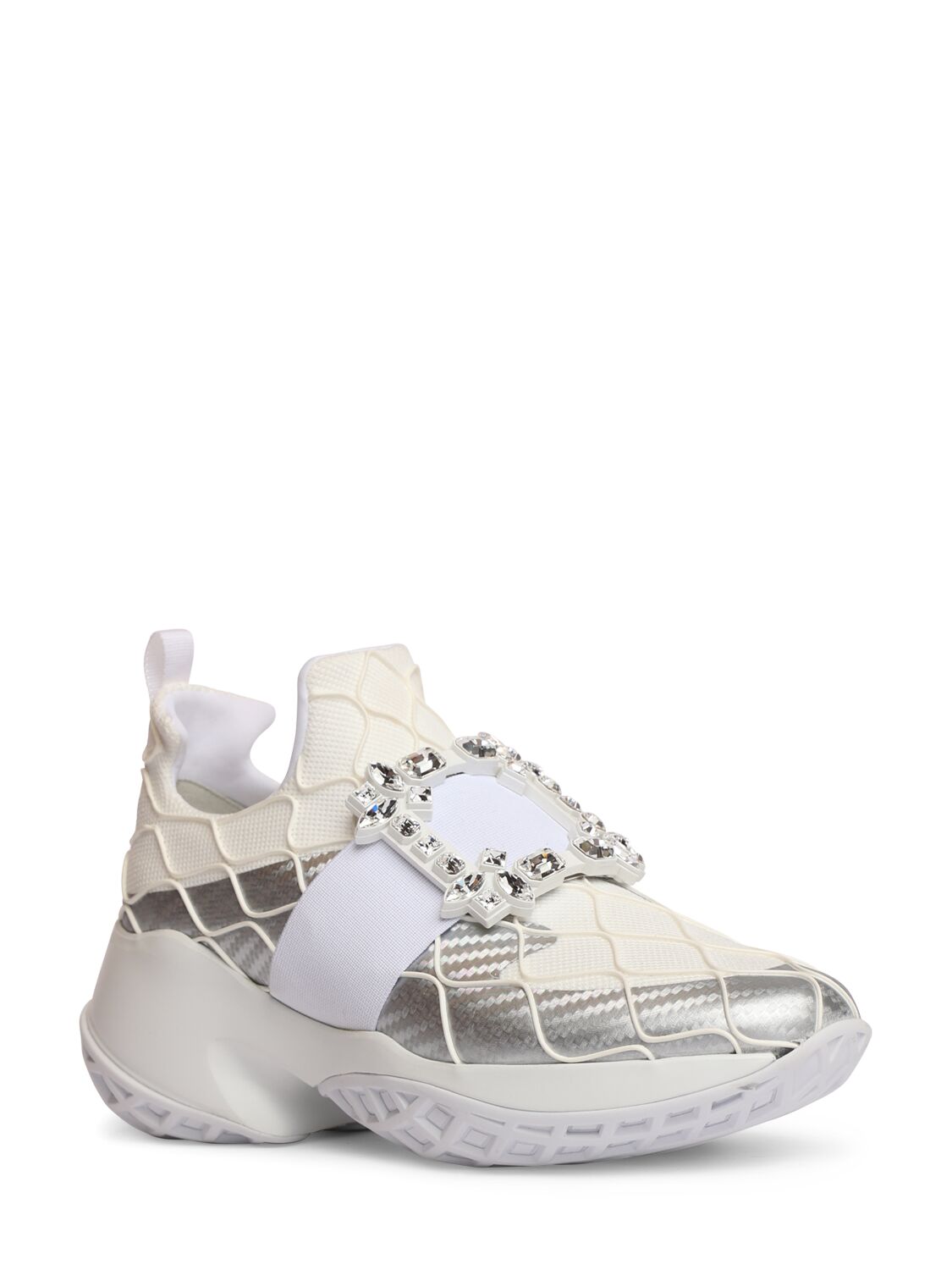 Shop Roger Vivier Viv Run Cotton & Mesh Sneakers In White,silver