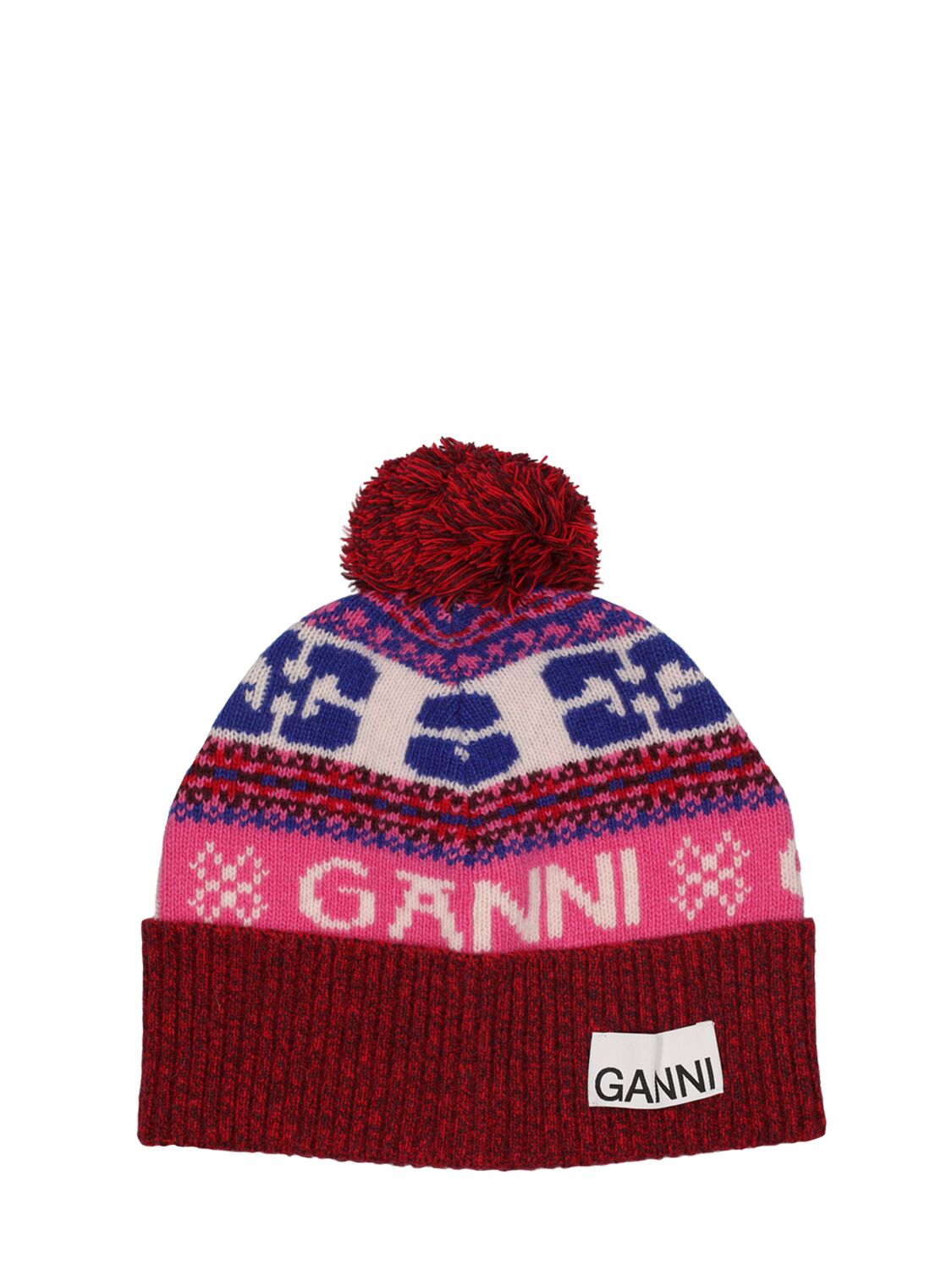 Ganni Multicoloured Graphic Wool Beanie Hat In Bunt