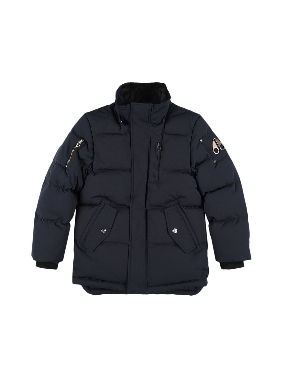 Shop Moose Knuckles Nylon Puffer Jacket W/ Fur In Navy