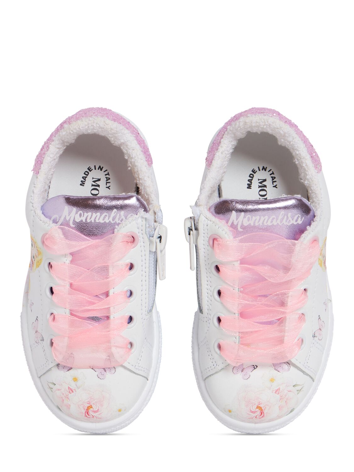Shop Monnalisa Frozen Printed Leather Sneakers In White,pink
