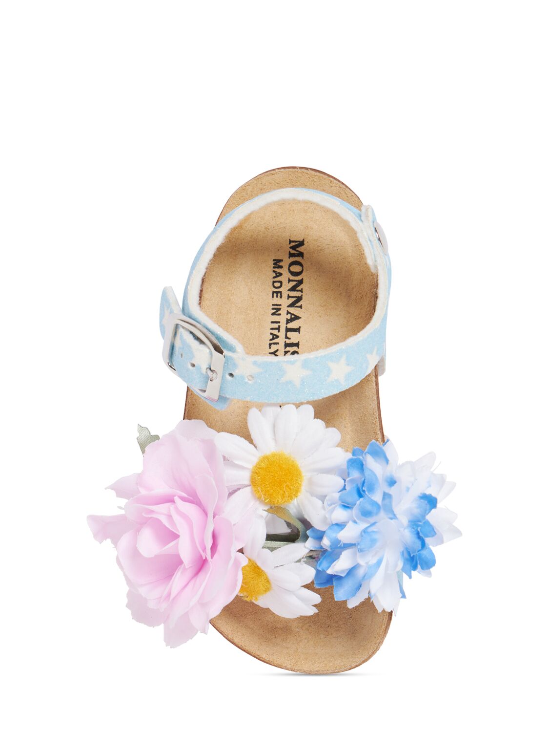 Shop Monnalisa Faux Leather Sandals W/flower Appliqués In Blue,multi