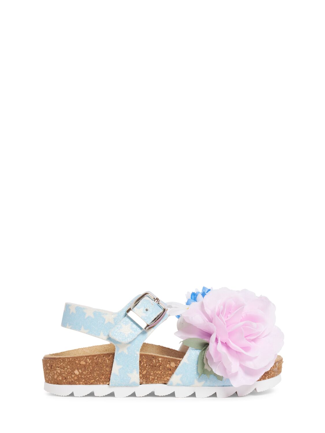 Monnalisa Kids' Faux Leather Sandals W/flower Appliqués In Blue,multi