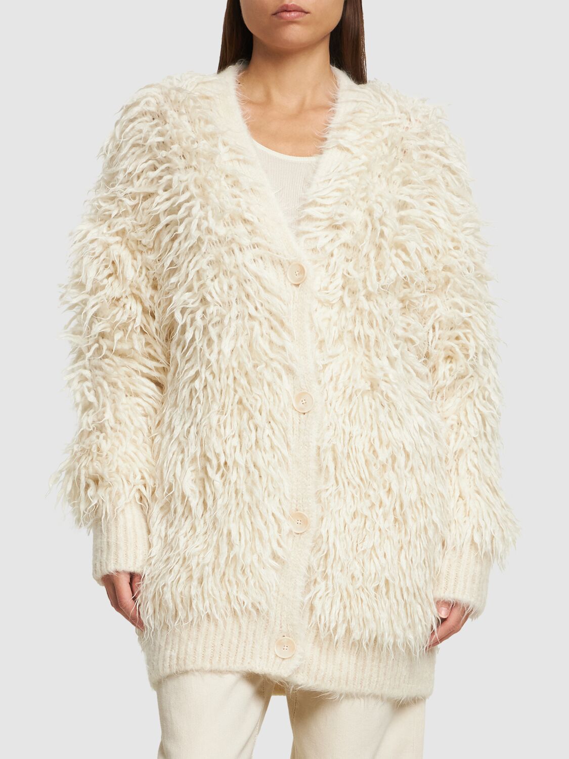 Shop Stella Mccartney Fluffy Long Sleeve Wool Knit Cardigan In Ivory