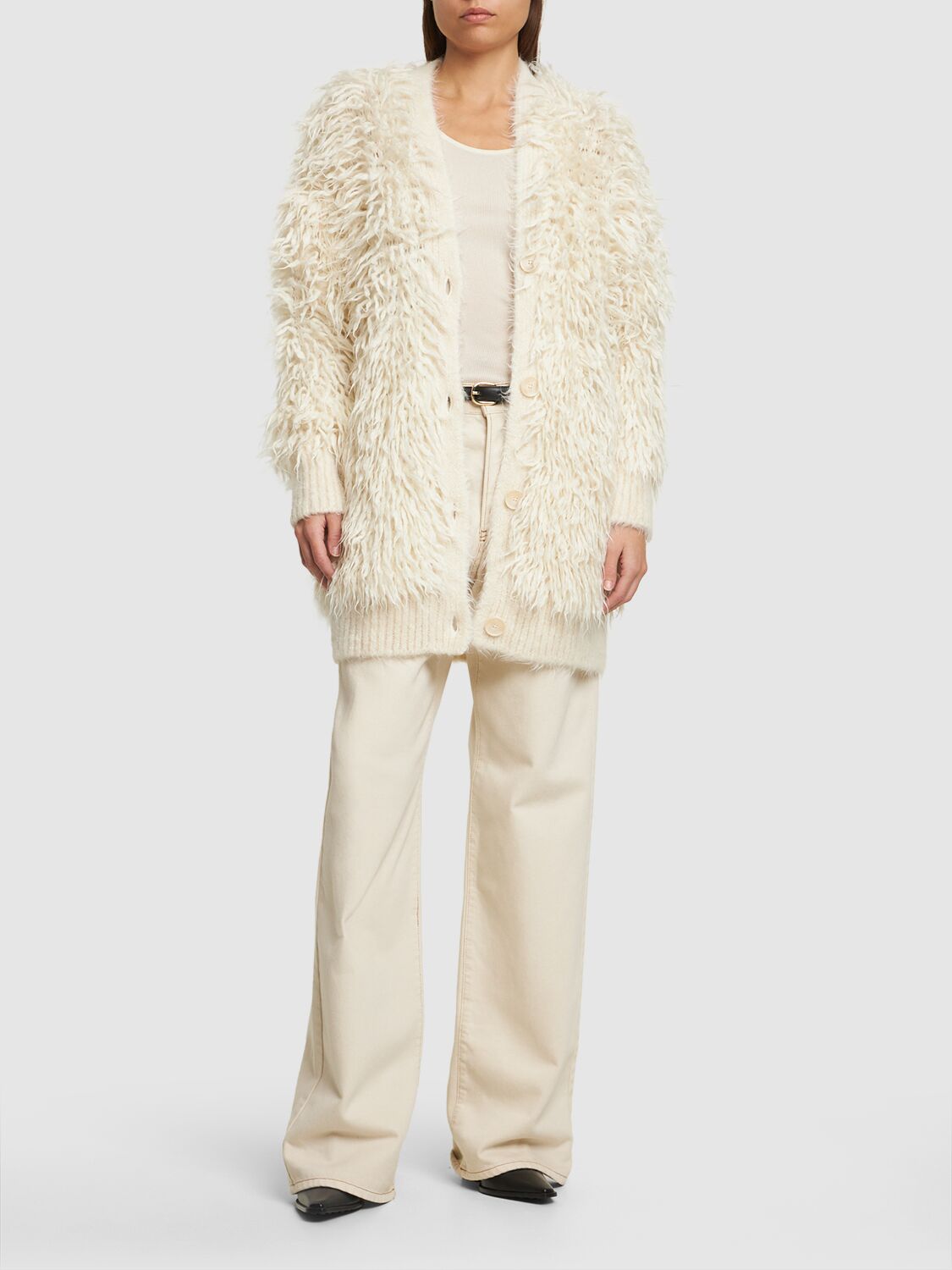 Shop Stella Mccartney Fluffy Long Sleeve Wool Knit Cardigan In Ivory