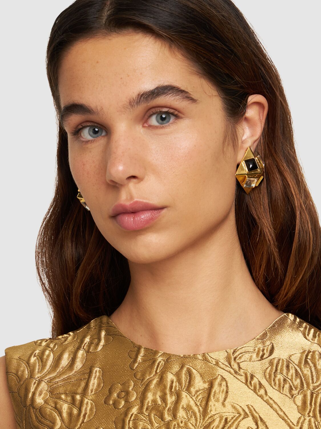 Shop Alessandra Rich Pyramid Earrings W/ Crystals In Gold,crystal