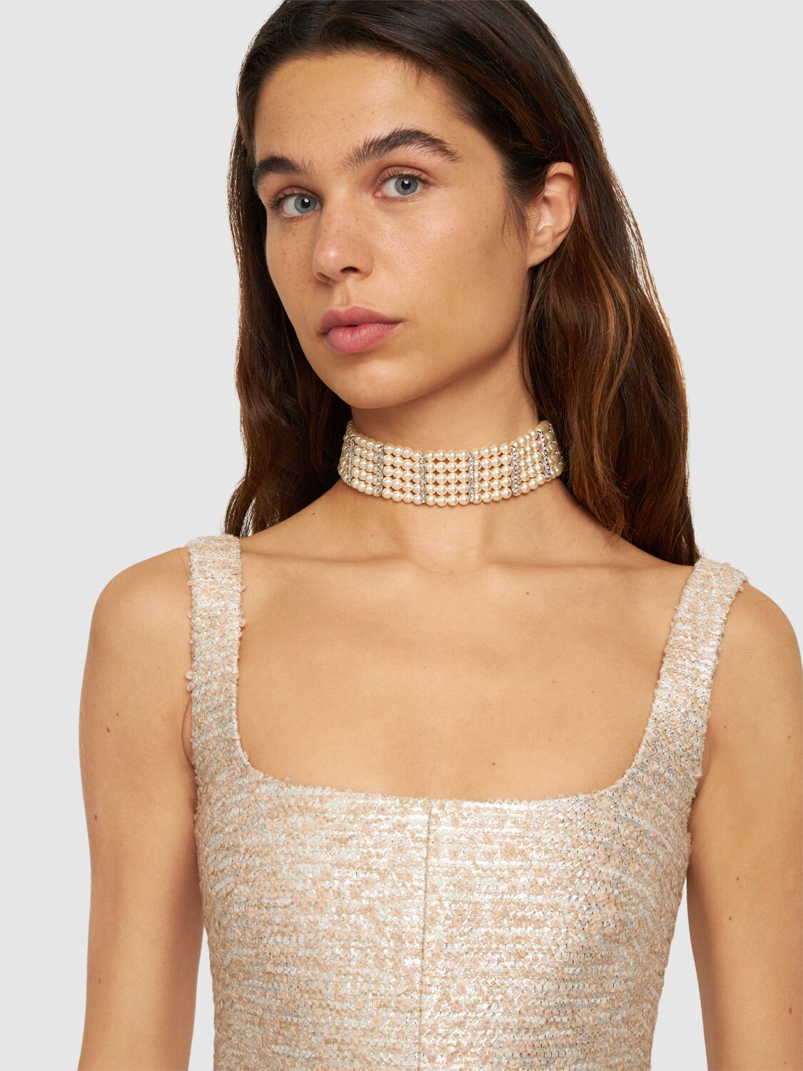 Shop Alessandra Rich Faux Pearl & Crystal Choker In White,crystal